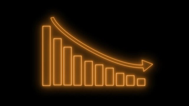 Neon downward bar chart with arrow animation on black background