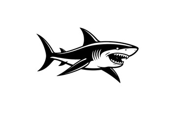 Obraz premium Dynamic black and white vector illustration of a powerful, aggressive great white shark with menacing open jaws and sharp teeth, ideal for intense ocean predator logos, marine mascot designs, fierce w