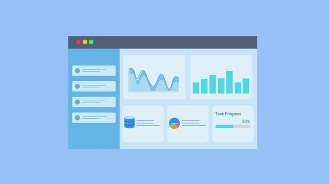 Animated flat dashboard interface displaying charts, graphs, and data panels in a browser window. Concept for data analytics, business reporting, statistics monitoring, and digital technology visualiz