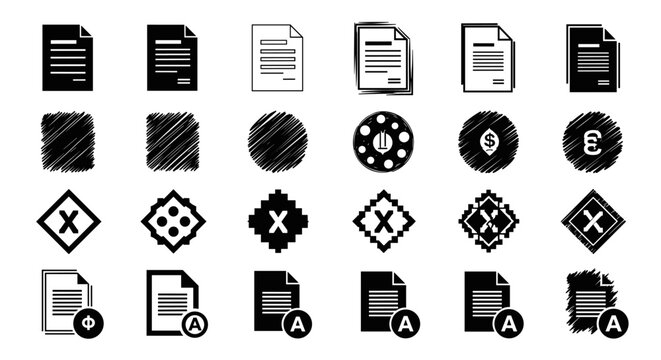 Collection of diverse black and white icons representing documents, symbols, and abstract shapes