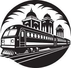 Modern train engine vector illustration with historic middle eastern architecture backdrop © MOHINUR