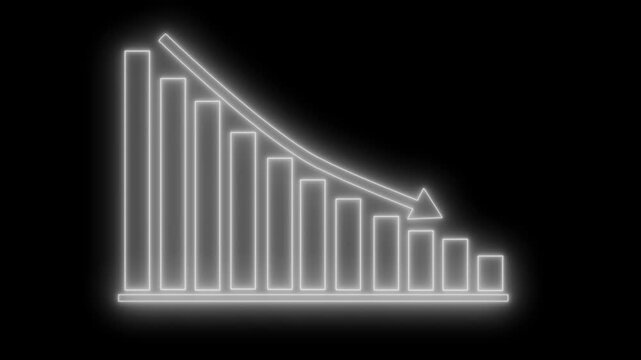 Neon declining bar chart with down arrow animation on black background