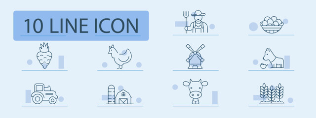 Farming set icon. Carrot, chicken, farmer, windmill, tractor, barn, cow, crops, agriculture, rural, harvest, livestock, organic, countryside, production, field