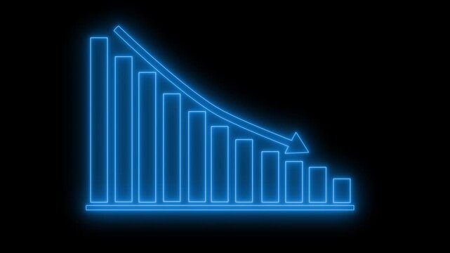 Neon declining bar chart with down arrow animation on black background