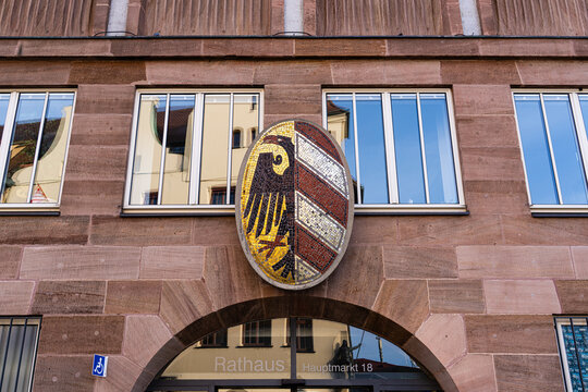 Nuremberg, Germany - Jan. 22, 2025:  This mosaic of the Minor Coat of Arms of Nuremberg above a door to the New Town Hall was created by Max Korner.