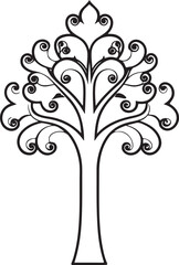 Stylized decorative tree silhouette, elegant branch with swirls, isolated on transparent background