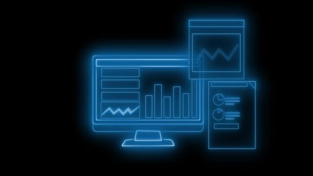 Glowing outline of computer with data analysis elements animation