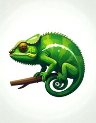 Naklejka premium Vibrant Green Chameleon Perched on Branch - A Captivating Wildlife Illustration.