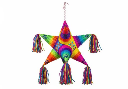 A colorful star shaped pinata with tassels hanging from it