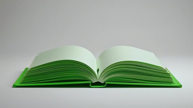 Animated green book with turning pages, rectangular shape, for education and knowledge