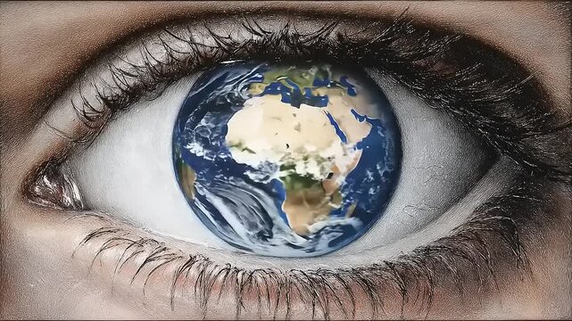 Global Vision: A conceptual exploration of earth's reflection, seen through the window of human perception and experience