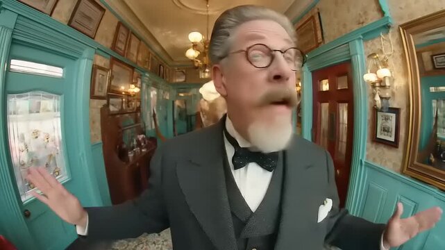 Whimsical old-fashioned narrator delivers a humorous introduction with exaggerated gestures in a colorful room