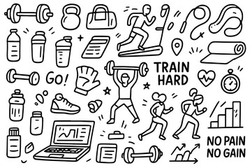 Naklejka premium hand-drawn doodle vector set of gym and fitness icons illustrated in a playful sketchy outline style isolated on white background