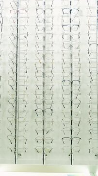 Eyeglasses collection displayed at optical shop