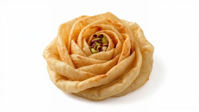 Roseshaped qatayef asafiri dessert with sweetened cheese filling and crushed pistachios on white background