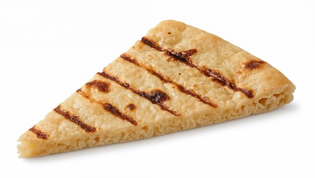 Slice of grilled chickpea flour flatbread socca with charred marks on white background