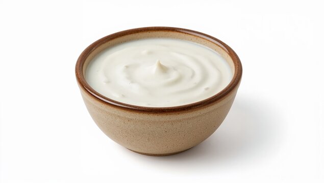 Small ceramic bowl of laban yogurt served as a cooling ramadan side dish in middle eastern cuisine isolated on white background