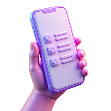 Vibrant 3d smartphone in hand showing checklist with checkmarks on screen isolated on transparent background.