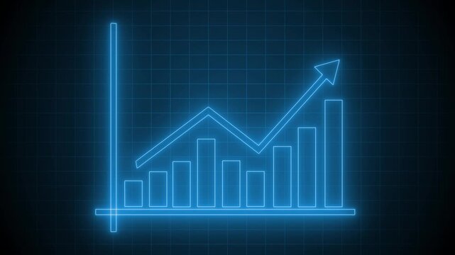 Neon growth chart icon on dark background animation