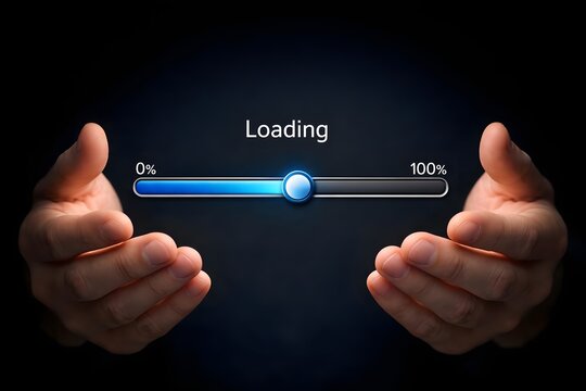 Digital loading bar progress from 0% to 100% between businessman hands for information download data concept..