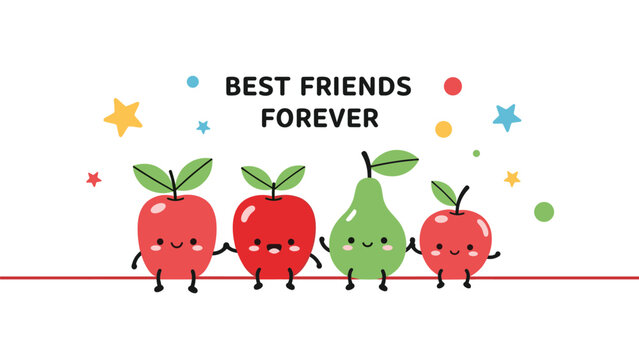 Three red apples and one green pear holding hands as characters under a best friends forever message with stars and dots.