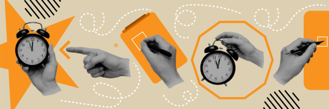 Halftone pop art dot hand holding alarm clock pointing finger writing pen clipboard checklist time planning concept vector illustration