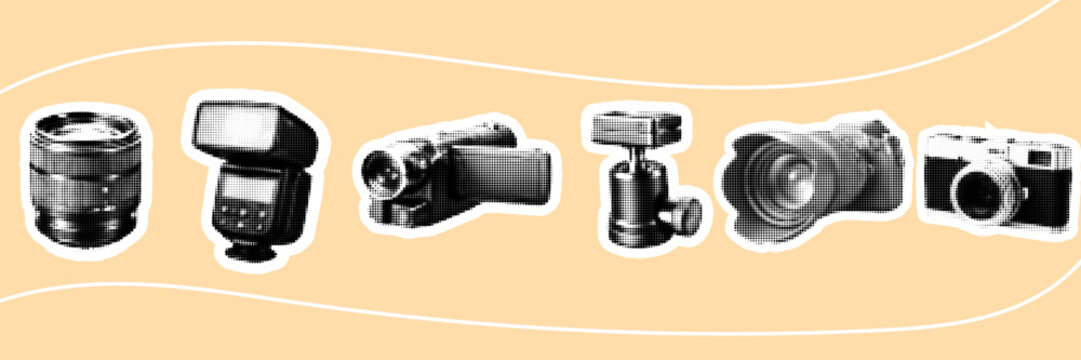 Halftone pop art dot camera flash studio light photography equipment collection vector illustration