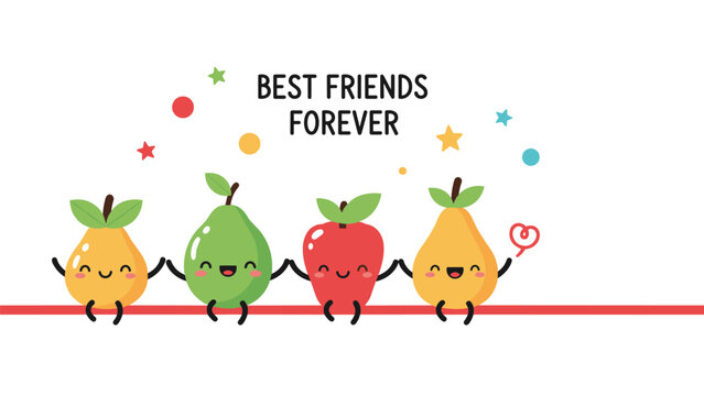 Group of cute fruit characters including pears and an apple holding hands under a best friends forever text message.