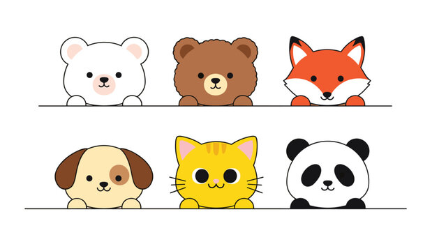 Set of six cute cartoon animal heads including a polar bear, brown bear, fox, dog, kitten, and panda peeking over a border.