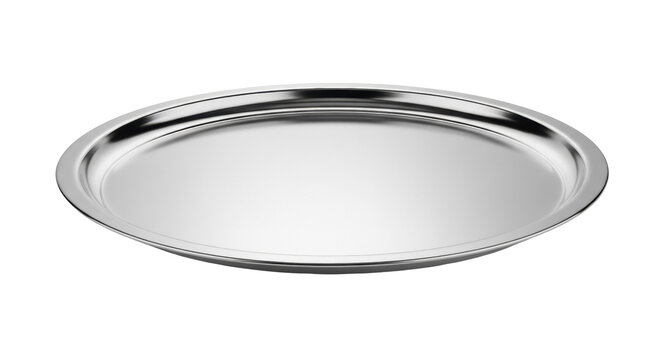 Shiny silver metal tray isolated PNG, serving platter for food presentation and catering events on transparent background