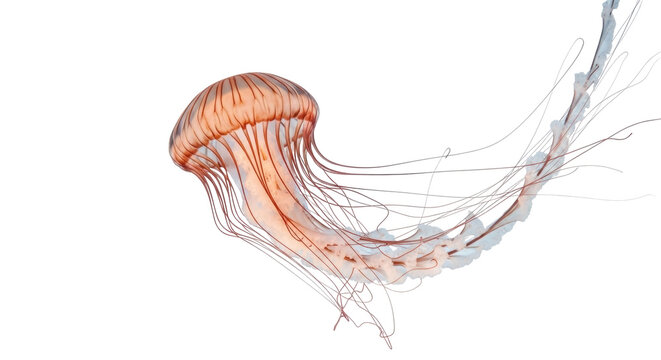 Striking orange jellyfish PNG isolated on transparent background, captivating marine creature with flowing tentacles for design projects