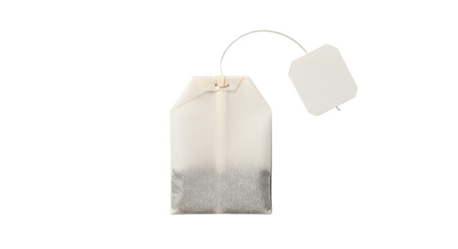 Tea bag PNG isolated on transparent background, single-use bag with string and label for brewing hot beverage, herbal infusion