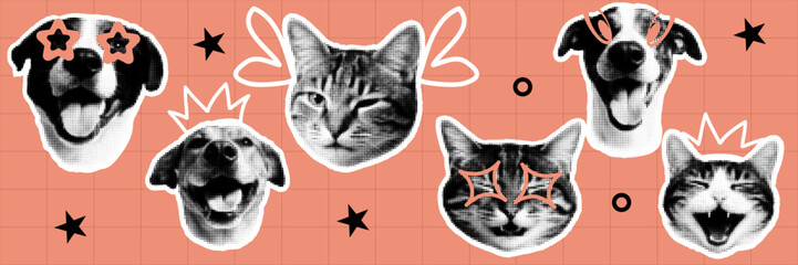 Halftone pop art dot dog cat pet animal face expression collection vector illustration © SpiximCreation