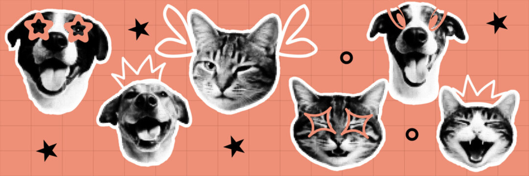 Halftone pop art dot dog cat pet animal face expression collection vector illustration