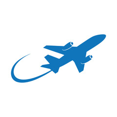 Naklejka premium Dynamic blue airplane logo with a sleek curved tail design