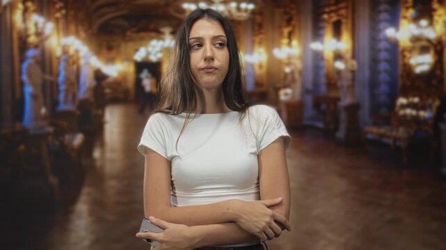 Young woman holding smartphone with arms crossed in museum building and looking at phone screen; boredom.