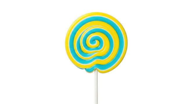 Swirled lollipop isolated PNG, yellow and blue candy on transparent background, sweet treat for kids party and confectionery design