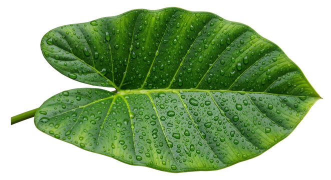 Green taro leaf with water droplets isolated PNG, tropical plant foliage on transparent background for design and decoration