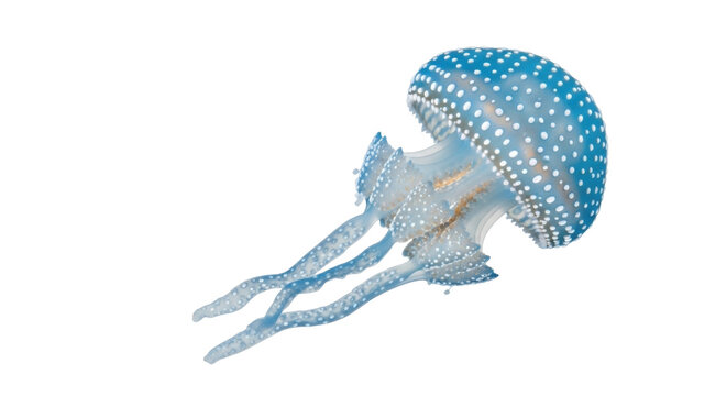 Blue jellyfish PNG isolated on transparent background, spotted sea creature with tentacles for marine biology and ocean life projects