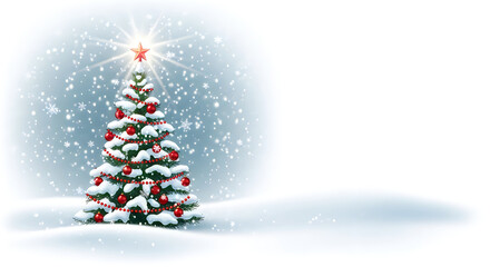 Obraz premium A Snowy Christmas Tree Decorated with Red Ornaments and Green Lights