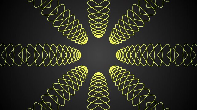 Abstract Neon Kaleidoscope Spring Motion with Energy Pattern. The geometric curves intersect and repeat symmetrically, creating the illusion of a compressed spring or coil suddenly expanding outward.
