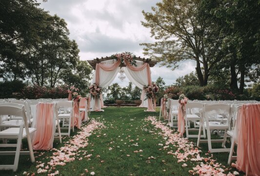 Outdoor wedding ceremony with draped arch and pink flowers on green lawn