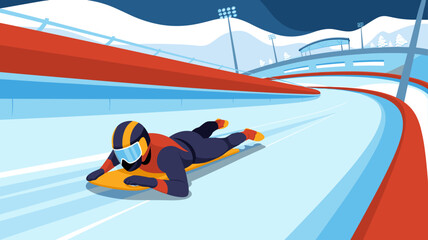 Athlete racing luge sled on icy track, high speed winter sport competition vector illustration
