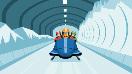 Naklejka premium athletes racing bobsled down icy track inside winter sport tunnel vector illustration