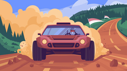 Obraz premium Off road rally car racing on dusty dirt road through countryside landscape vector illustration.