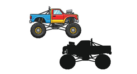 Colorful cartoon monster truck with its black silhouette illustration