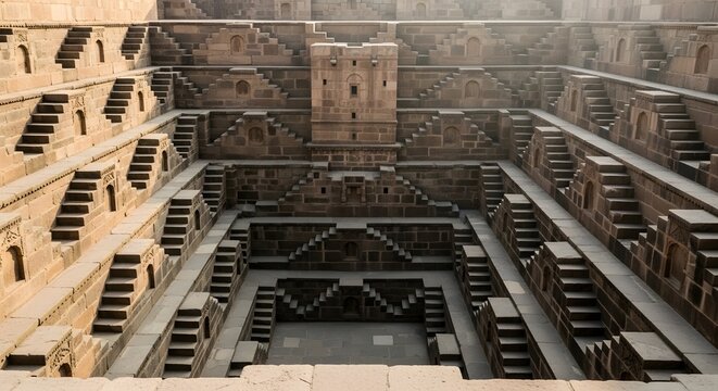 Ancient chand baori stepwell in abhaneri village, rajasthan, india, showcases intricate geometric steps and historical architecture, drawing tourists to its unique design