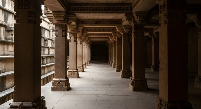 Interior view of adani stepwell in gujarat, india, revealing deep corridor with symmetrically arranged pillars and ornate indian architectural elements