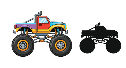 Colorful monster truck illustration with a corresponding black silhouette © Tm Studio