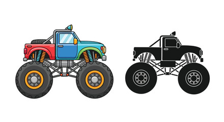 Obraz premium Cartoon monster truck illustration with a colorful and monochrome version